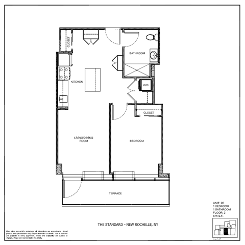 Floor plan for 1 bed, 1 bath, 615 sqft